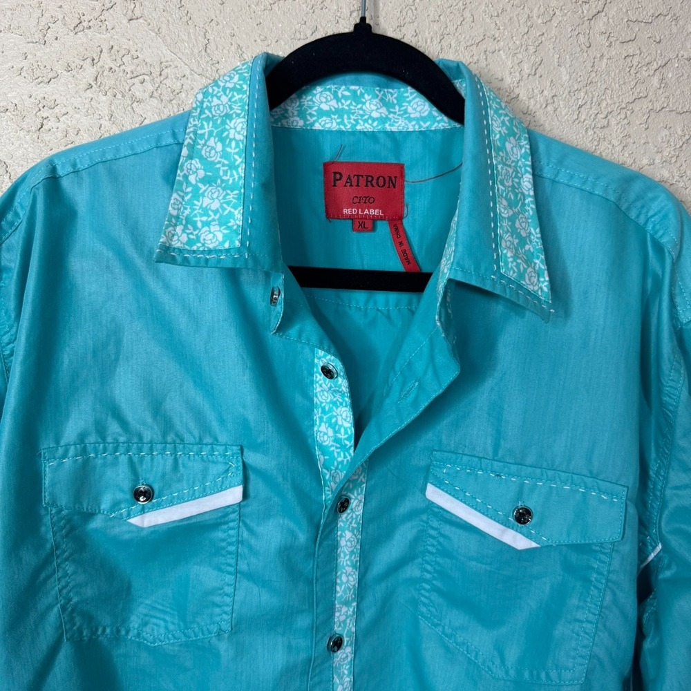 Patron Cito Red Label Western Shirt Men's XL Turquoise Blue Rhinestone Buttons